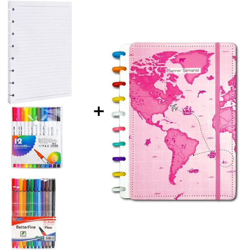 KIit Caderno B5 10  Discos tipo Inteligente + 12 Cores caneta fino/Brush Pen Super Fofo Capa Dura de Courino M 80 Folhas