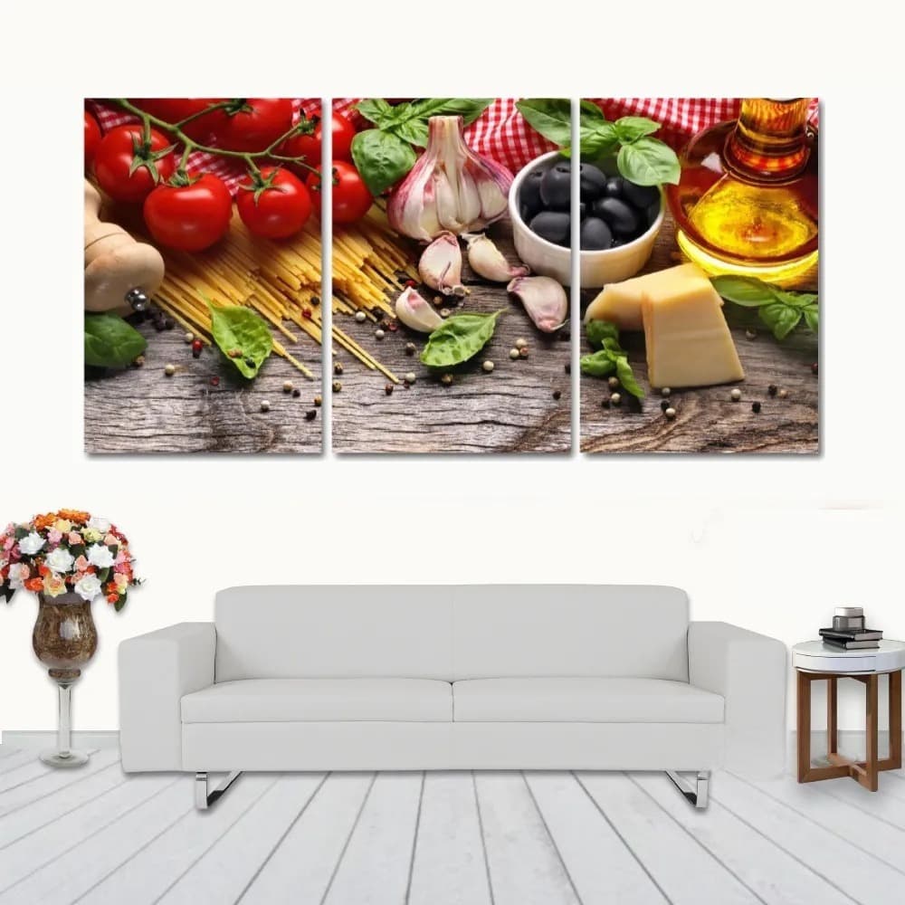 Quadro Decorativo 3 Peças Macarrão Legumes Temperos Mesa Alimentos Comida
