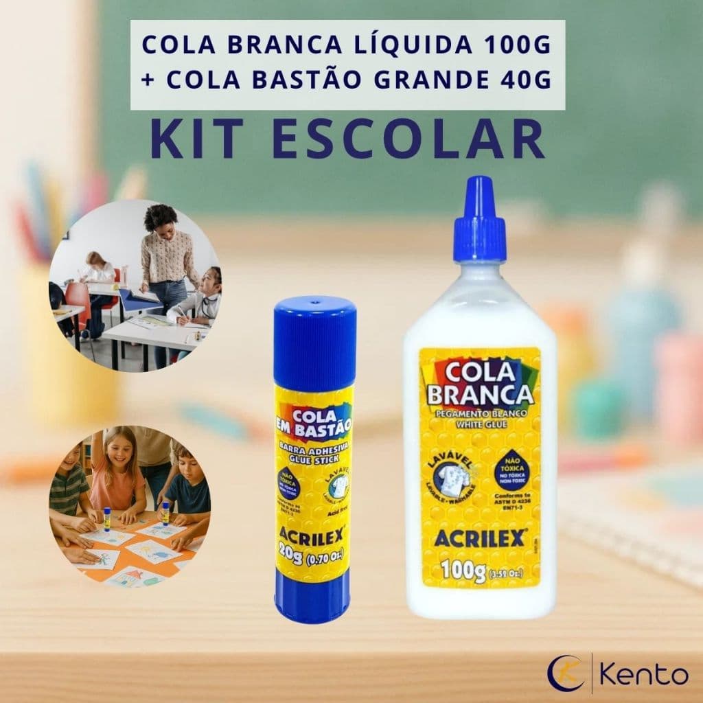 Cola Branca Líquida 100g + Cola Bastão Grande 40g Acrilex Kit Escolar Ideal p/ Colar Papel Cartolina Foto Tecido Madeira