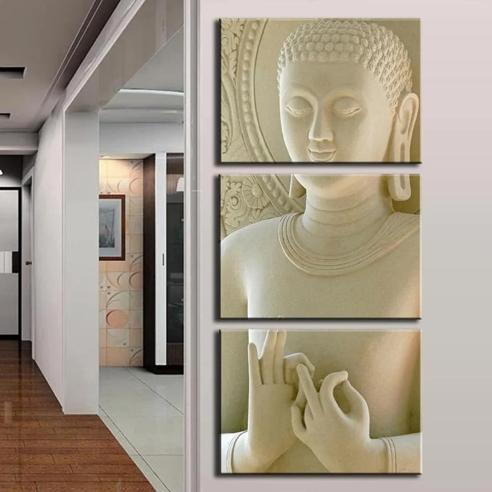 Quadro Decorativo 3 Peças Buda Branco Budismo Buddha Crença Religião