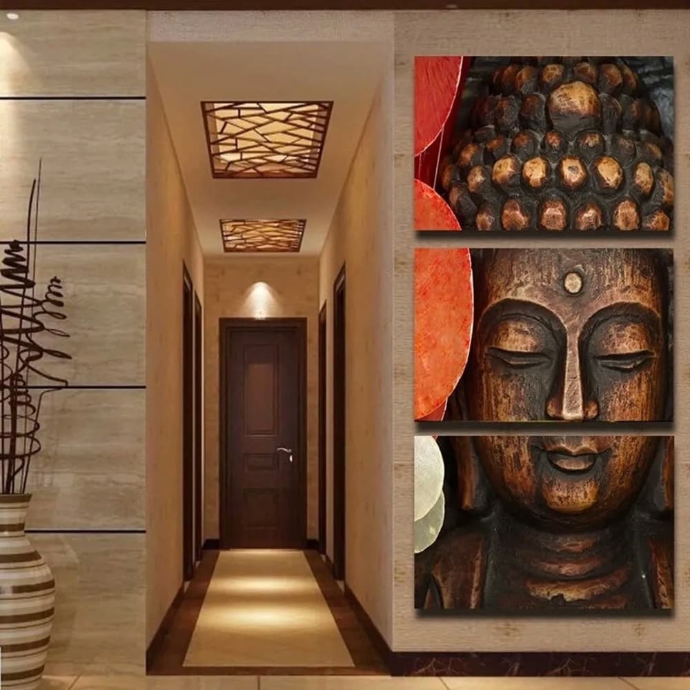 Quadro Decorativo 3 Peças Buda Marrom Cera Budismo Buddha Crença Religião