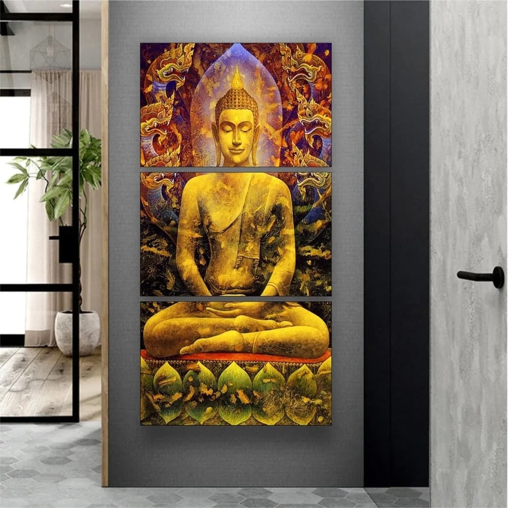 Quadro Decorativo 3 Peças Buda Dourado Budismo Buddha Crença Espiritual Religião