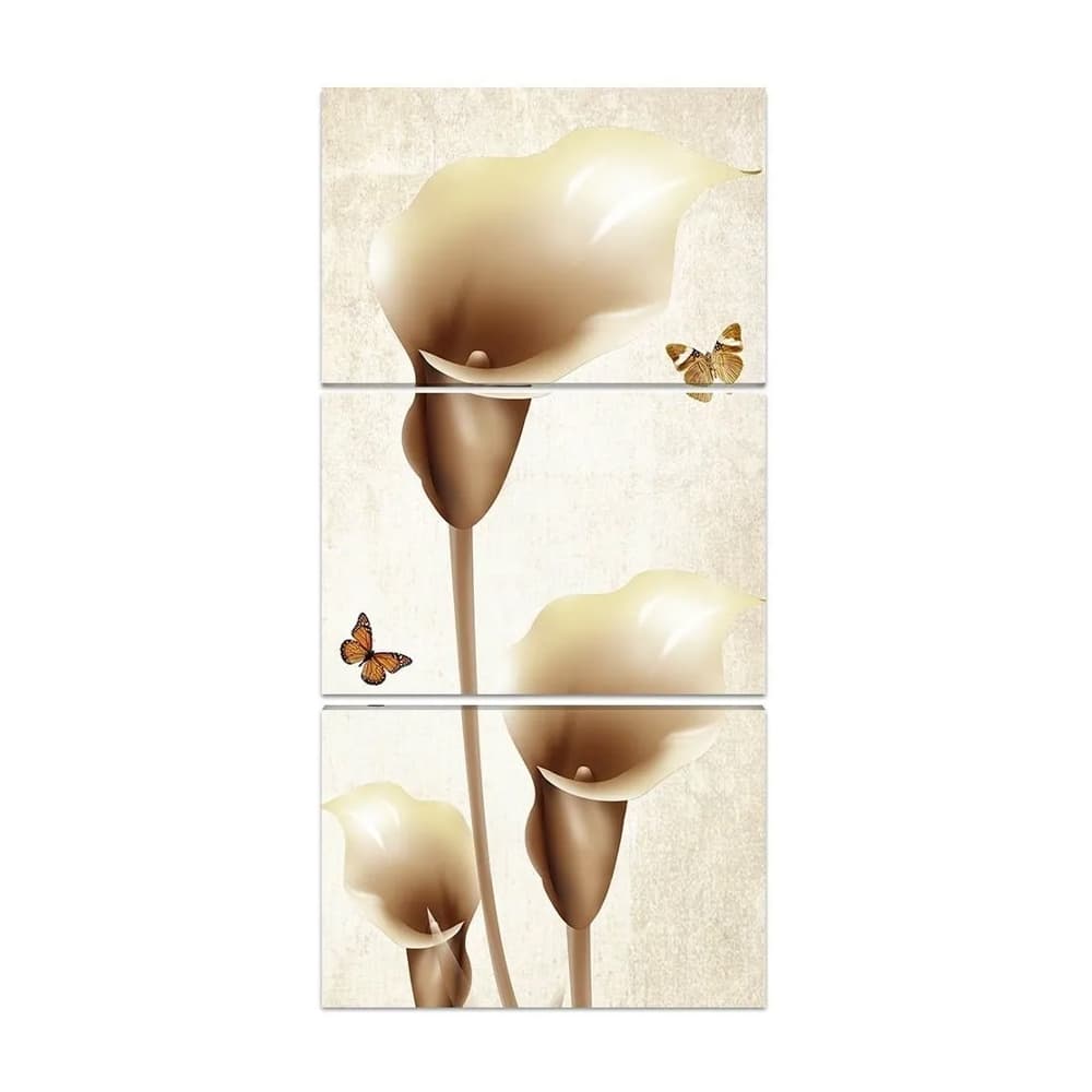 Quadro Decorativo 3 Peças Copo de Leite Borboletas Flor Pétalas Planta Natureza