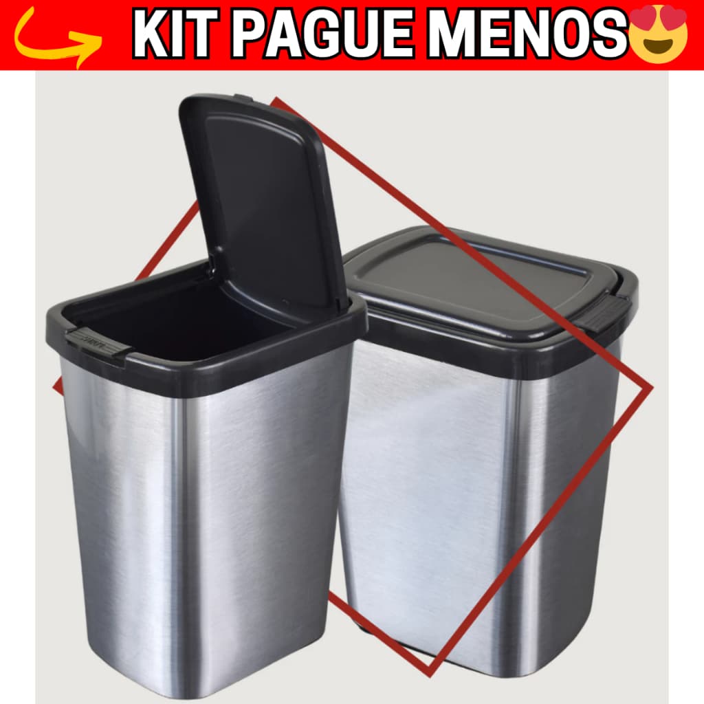 OFERTA KIT 2 Lixeira Cesto de Lixo para Cozinha e Banheiro Retangular 9L Imita Inox Arqplast Tampa