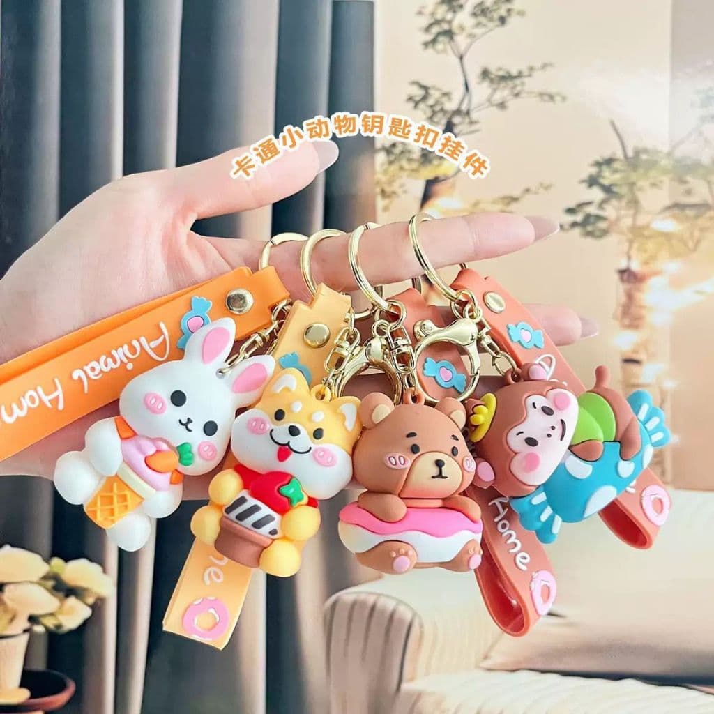 Chaveiro Animal PVC Silicone Cachorro Usinho Coelho Macaco Bolsa 3D Fofo Kawaii