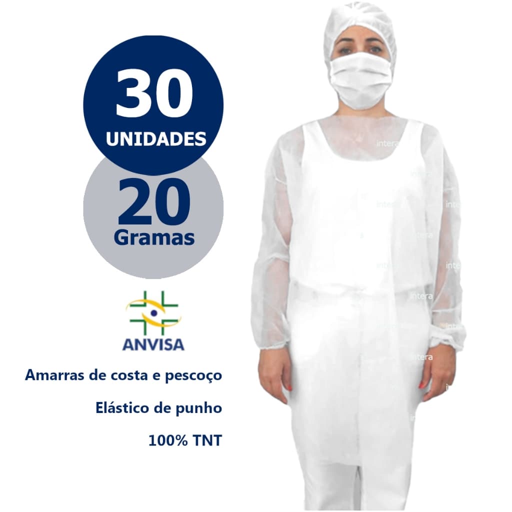 Avental Descartável 20g Kit 30 Un Manga Longa Jaleco Capote TNT Gramatura Não Estéril Migra