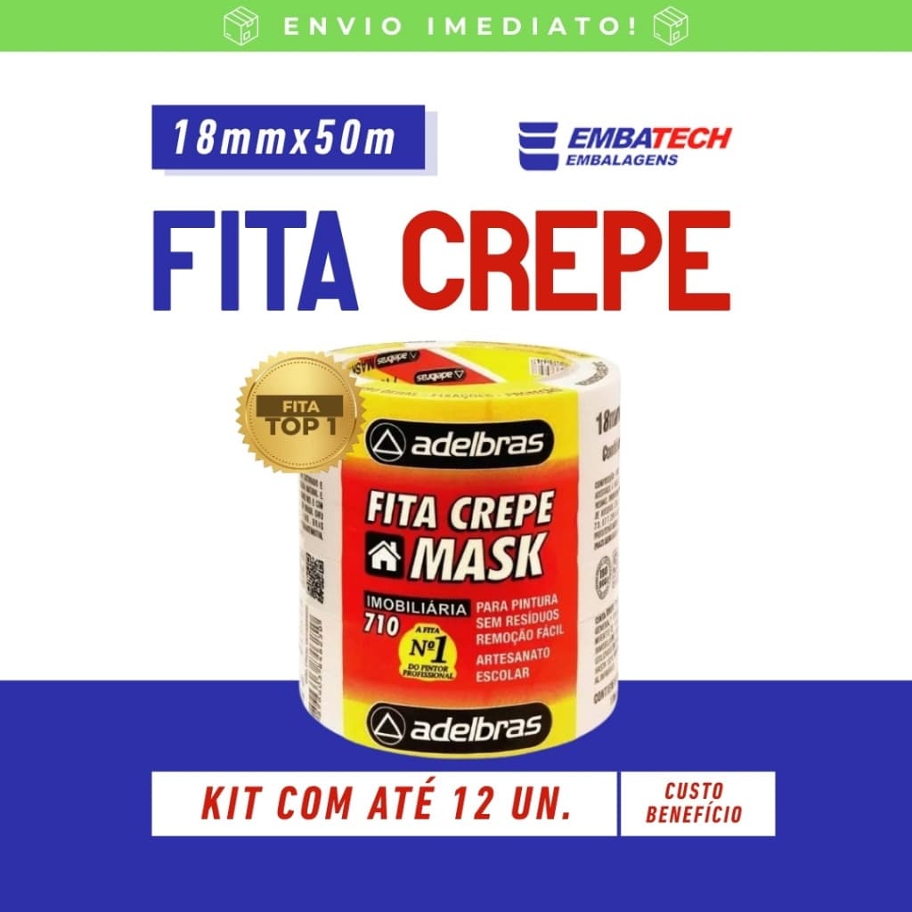 Kit com até 12 Fitas Crepe Adelbras 18mm x 50m – Alta Qualidade e Fixação | Super Promoção!
