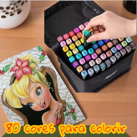 Kit Caneta marcadora Colorida Ponta Dupla 80 Peças com Estojo escolar