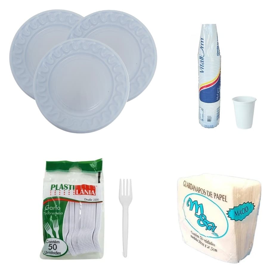 Kit Festa Aniversário Branco 30 Pratos Sob.15cm  + 100 Copos 180ml + 50 Garfos Sob. + 100 Guardanapos
