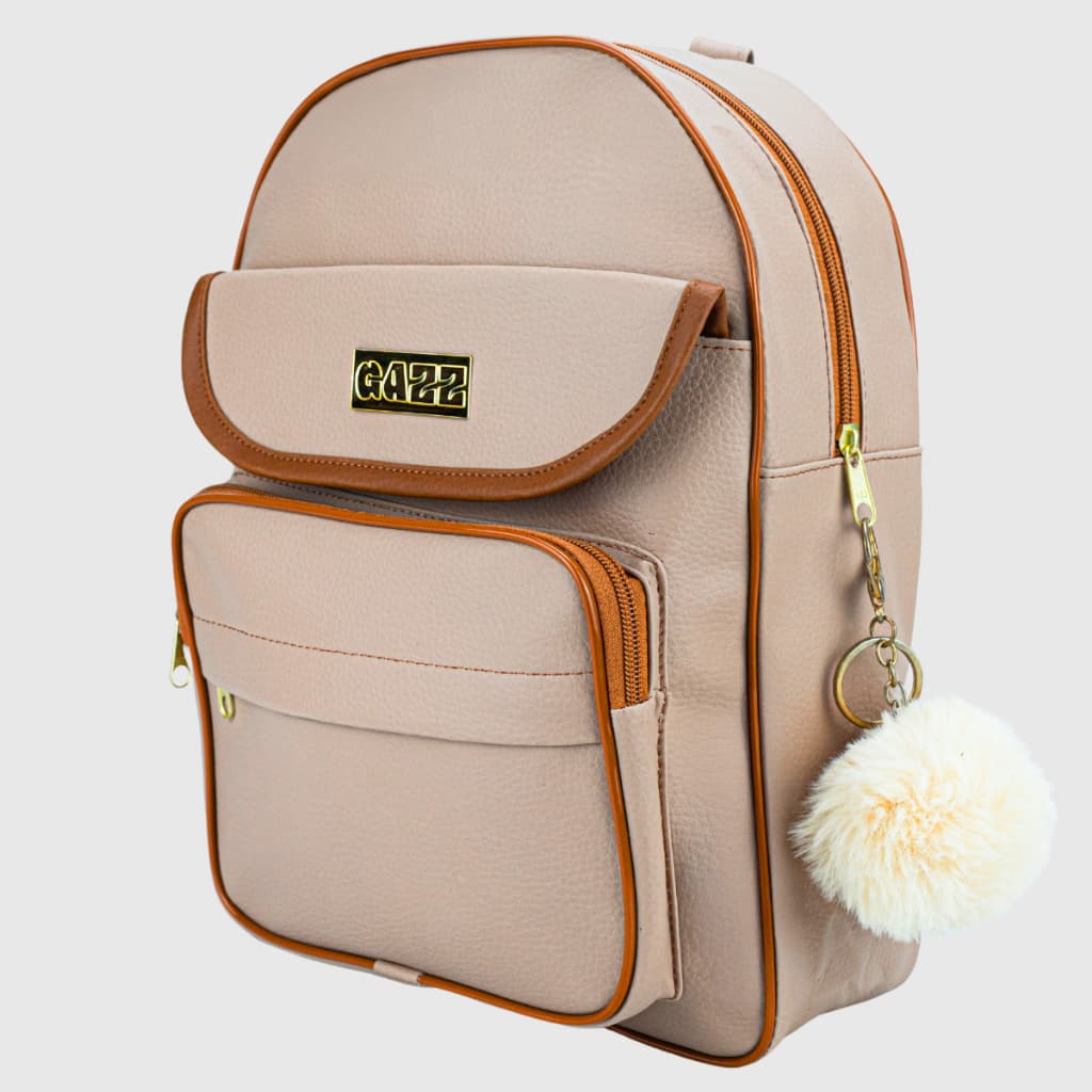 Mochila Feminina Bege Média Escolar Faculdade Couro Sintético Reforçada