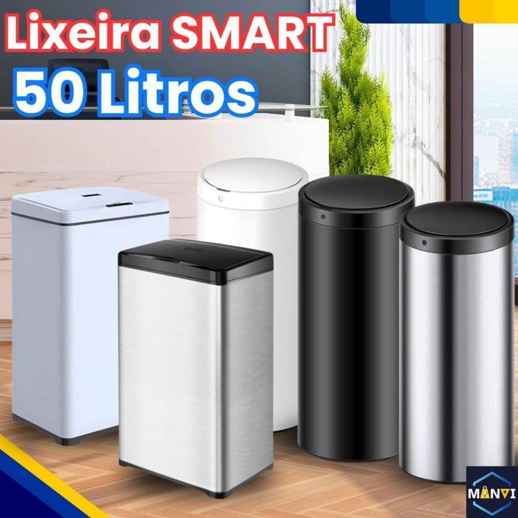 Lixeira Smart Automática 50 Litros Sensor Inteligente Aproximação Fechamento Retangular Redonda