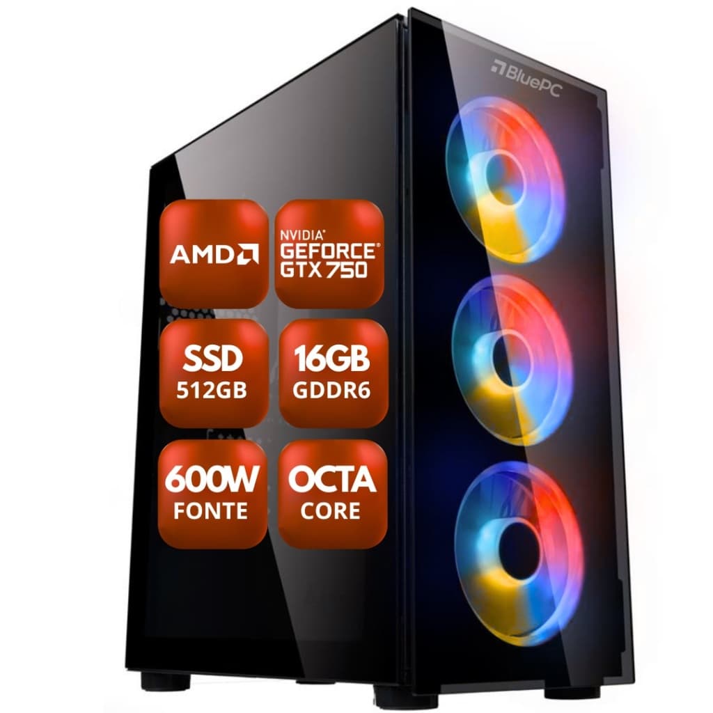 PC Gamer ZEN by BluePC - AMD Ryzen 4700S, 8 núcleos e 16 threads, Geforce GTX 4GB, 16GB RAM, SSD 512GB, Fonte 600W
