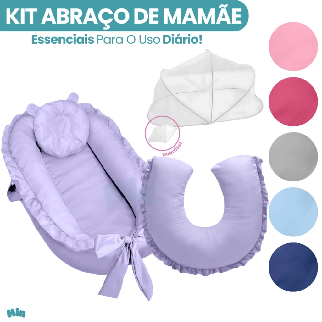 Kit Bebê Ninho Redutor De Berço com Mosquiteiro Amamentação Menino Menina Liso