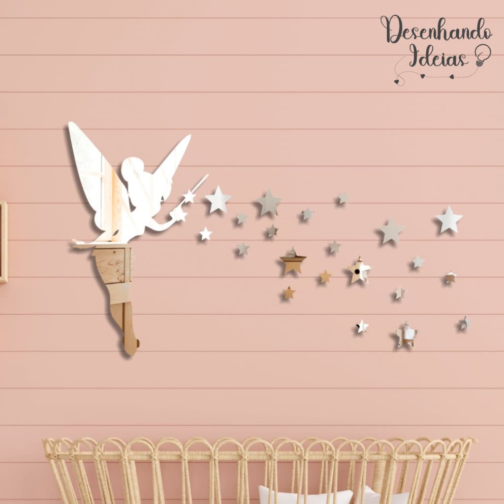 Espelho Fada Tinker Bell em Acrílico Decoração Infantil Fofa para Quartos Disney com Estrelas