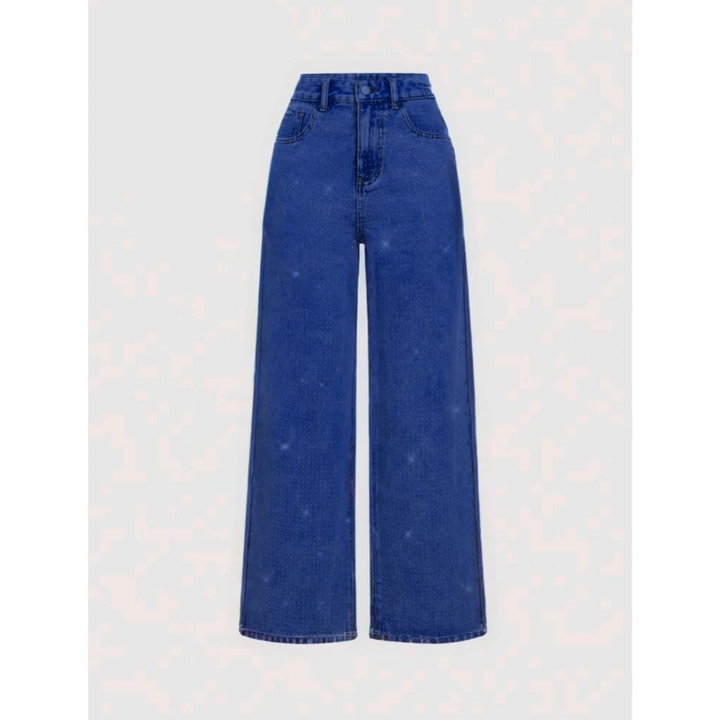 Calça Jeans Feminina Pantalona Wide Leg Com Bolsa Cintuta Alta Com Glitter