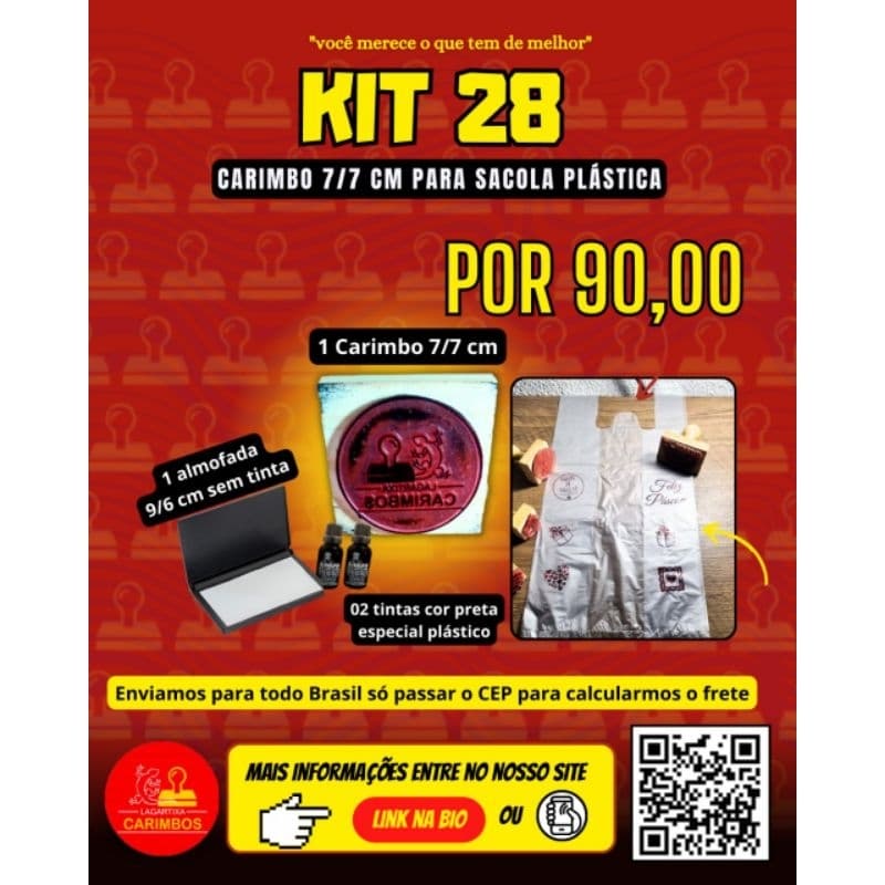 kit 28 carimbo para plástico (7/7, almofada e tinta)