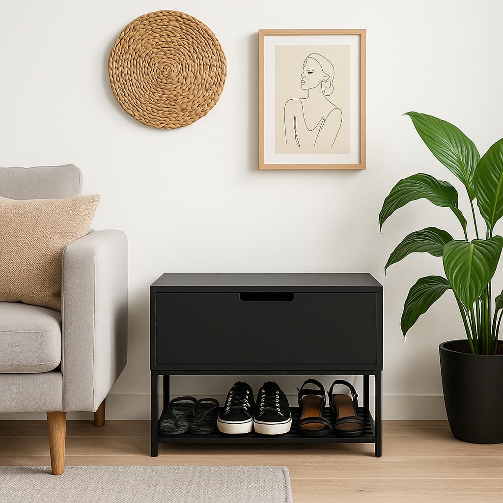 Banco Sapateira calçadeira balcão mesa lateral criado mudo gabinete puff preto pequeno