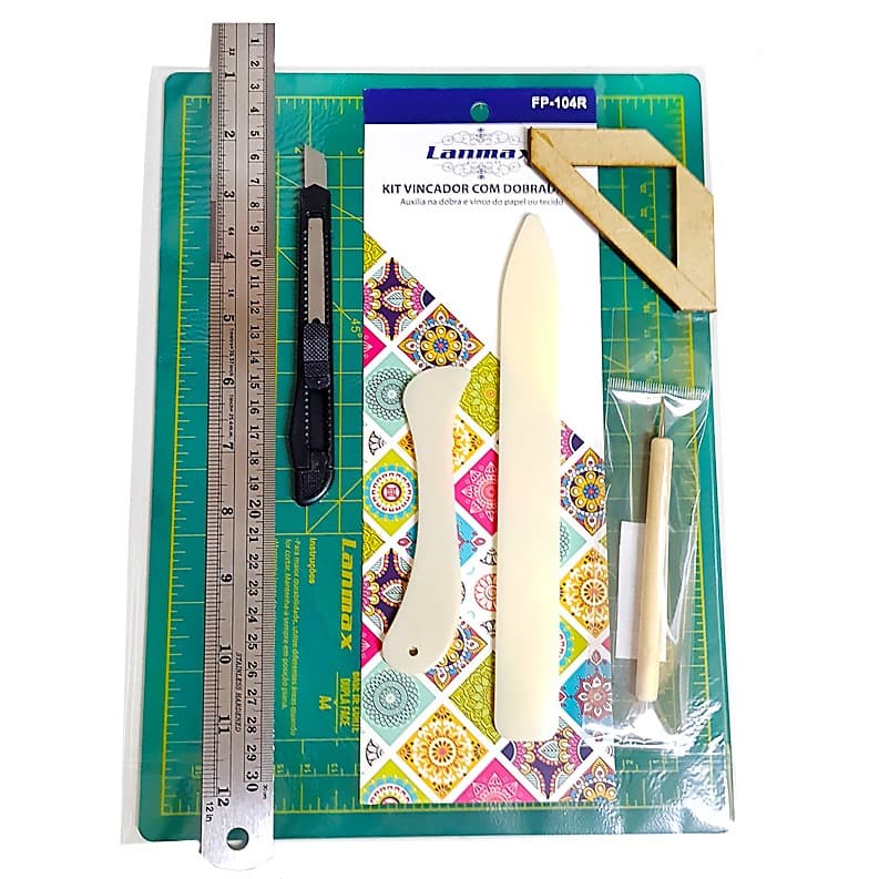 Base A4 Rosa ou Verde Com Vincador Dobradeira Estilete Boleador Régua Aço 30 cm Estilete