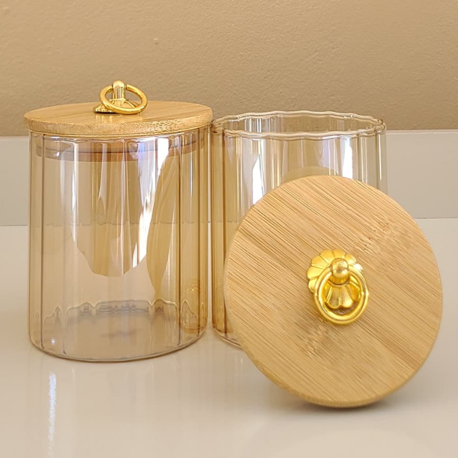 Pote de Vidro Borossilicato Porta Mantimentos canelado 500ML Hermético cozinha Tampa Bambu Argola Dourada