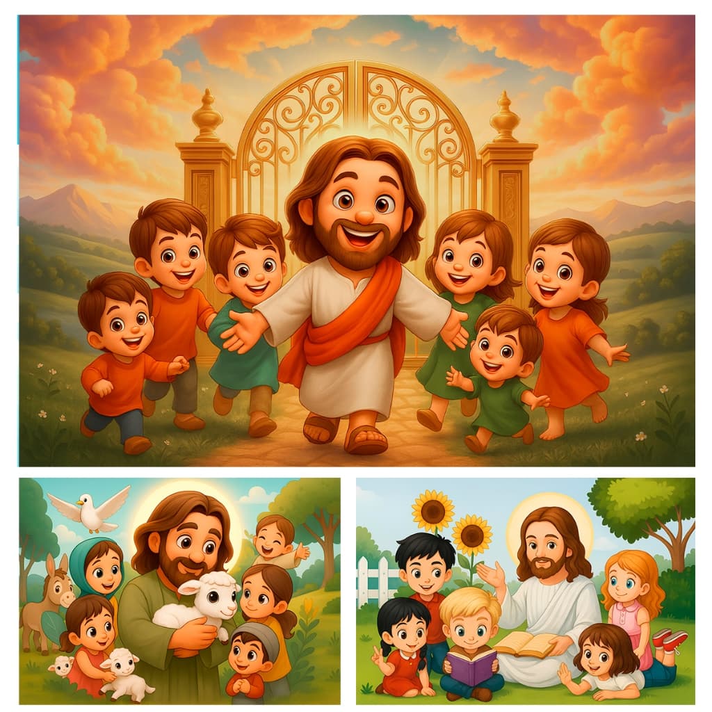 Painel De Festa Retangular Biblico Jesus E As Crianças 1,50 x 2,20 Mt