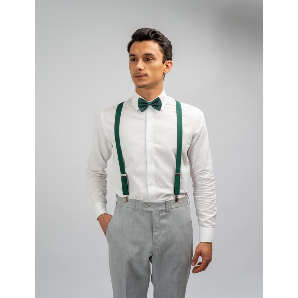 Kit Traje Masculino Calça Social Cinza + Suspensório e Gravata Borboleta Verde padrinhos  casamento