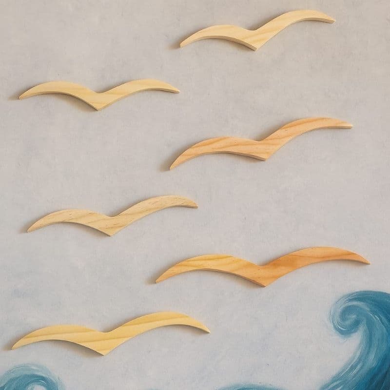 Kit 6 Gaivotas – Esculturas Decorativas em Madeira Pinus  Para Decoração de Parede