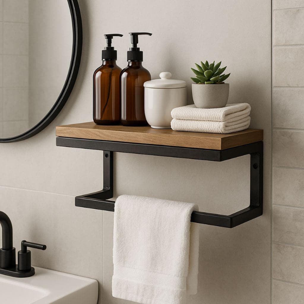 Prateleira Decorativa para Banheiro com Suporte – MDF 15mm e Aço Carbono – Resiste até 15kg