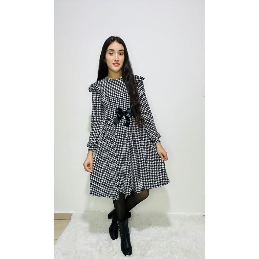 vestido com estampa pied de poule com laço para meninas juvenil