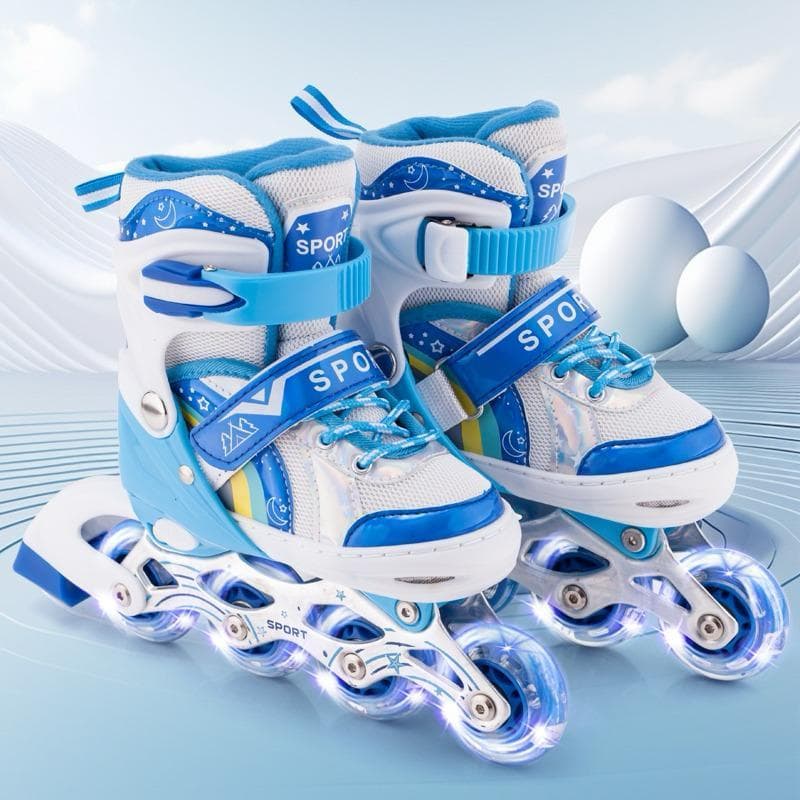 Patins Roller Inline 4 Rodas Reto Com Led Ajustavel Azul Menino Um Freio