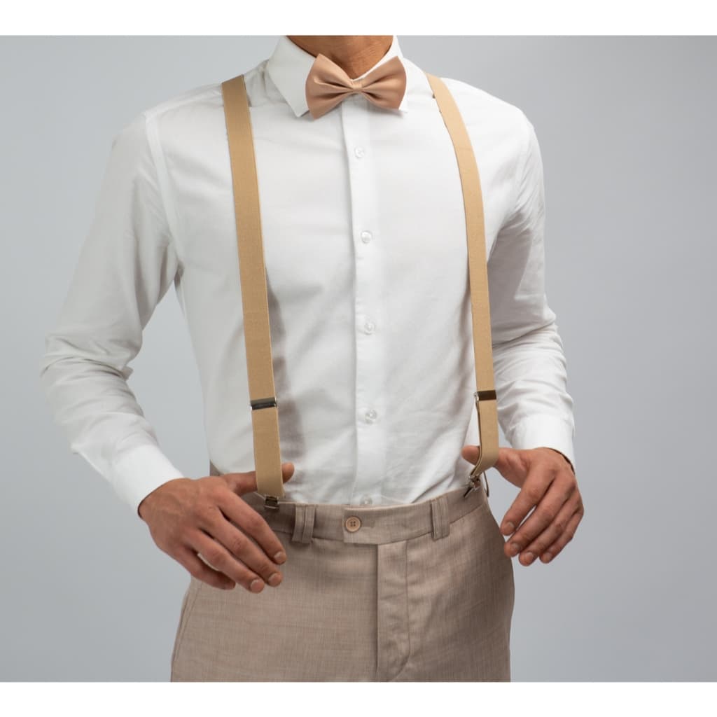 Kit Traje Masculino Calça Social Salmão + Suspensório e Gravata Borboleta Bege padrinhos casamento