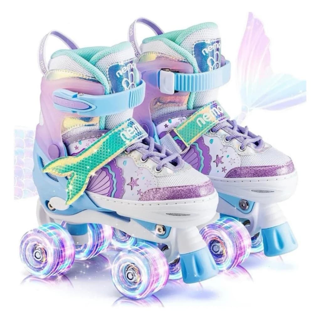 Patins Infantil 4 Rodas Com Freios Ajustavel Roxo Sereia Quad Criancas Meninas