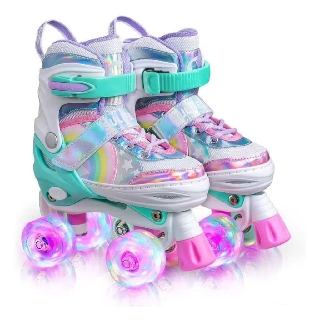 Patins Infantil 4 Rodas Verde Arco-iris Com Led Quad Crianca Meninas Black Friday
