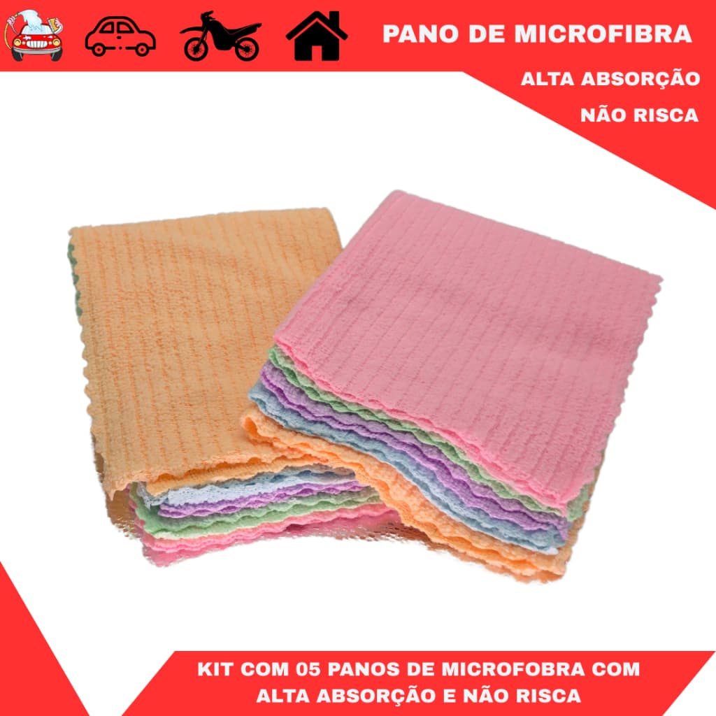 Kit com 5 Panos de Microfibra 30x30cm Alta Absorção, Cores Sortidas, Ideal para Limpeza Geral