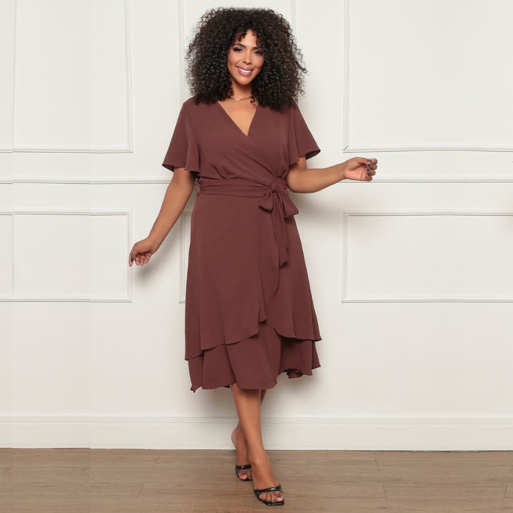 Vestido Plus Size Midi Feminino Transpassdo Boho Elegante Versatil para varias ocasioes