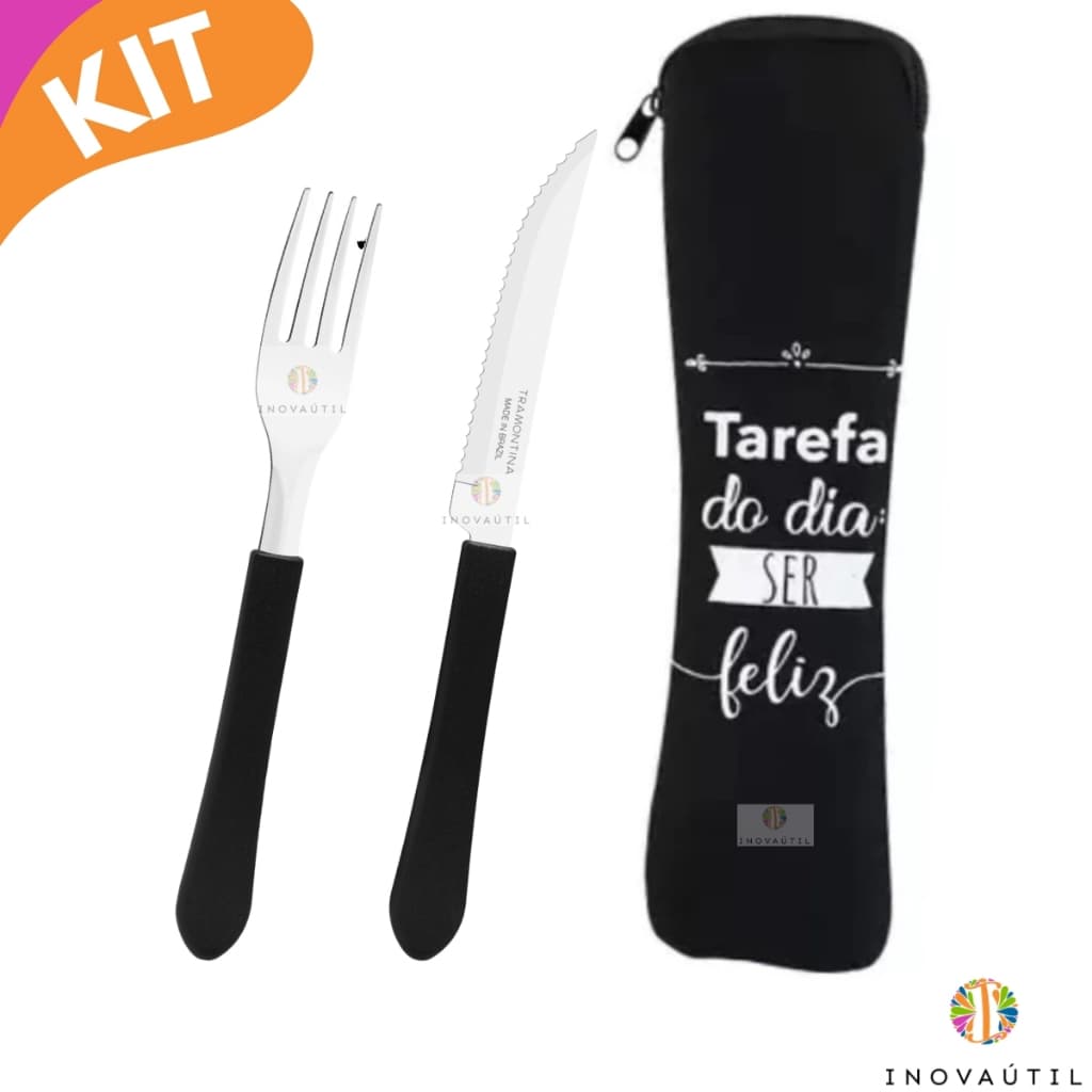 Kit Talher 3 Peças Com Estojo Neoprene Garfo Faca Tramontina Porta Talher com Ziper Para bolsa