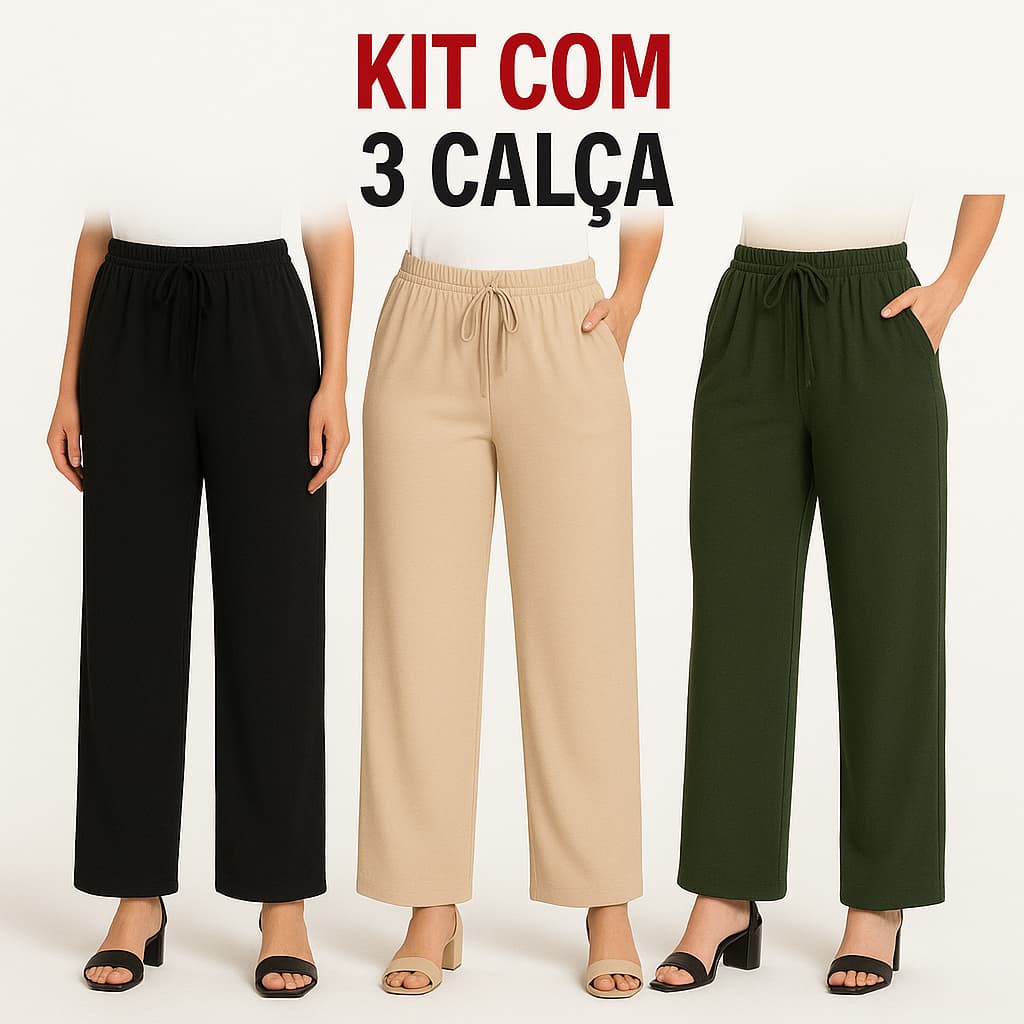 Kit 3 Calças Pantalonas Femininas Cintura Alta Tecido Duna Elegante