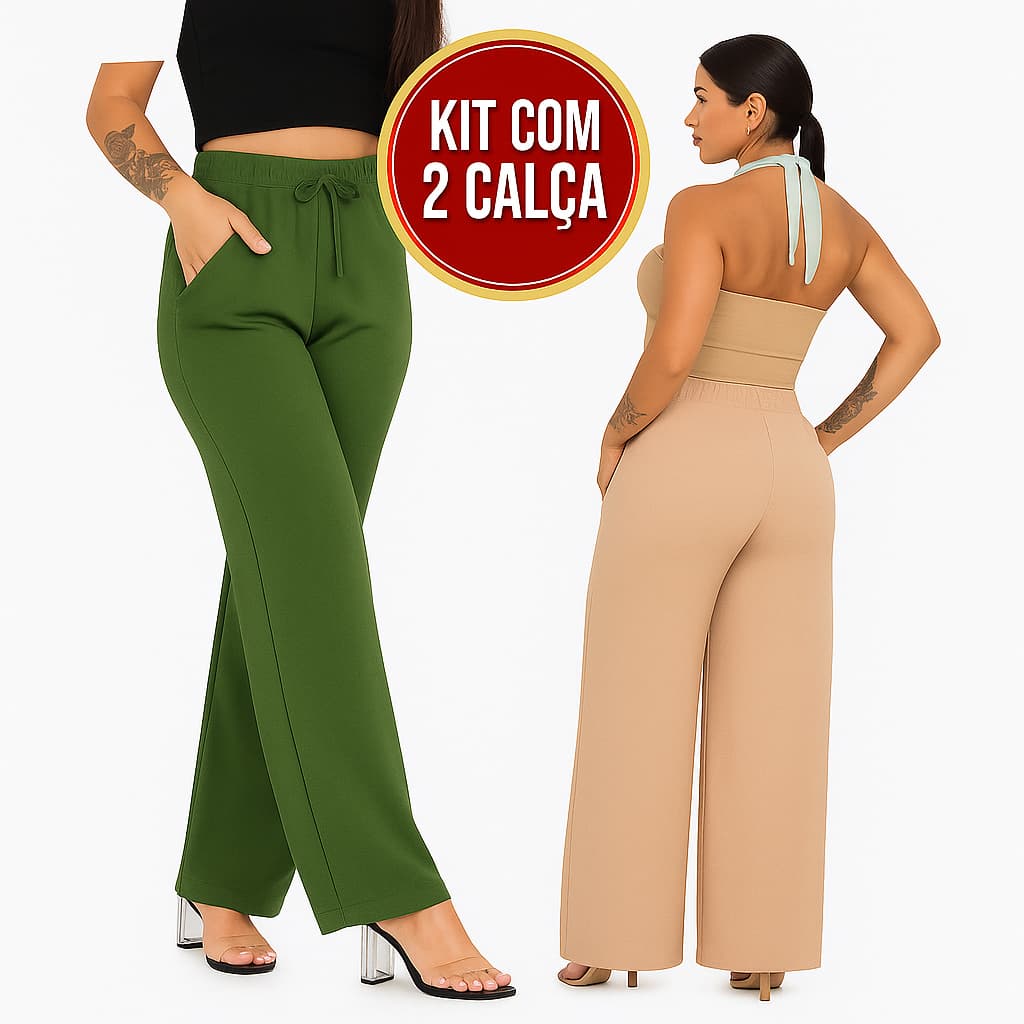 Kit 2 Calças Femininas Tecido Duna Pantalona Cintura Alta com Estilo