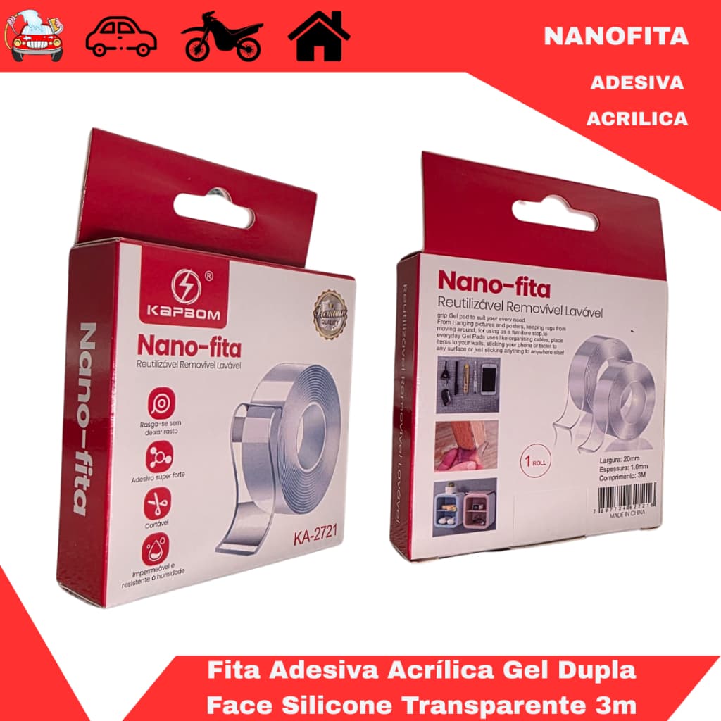 Fita Dupla Face de Gel Acrílico com 3m Transparente Reutilizável Super Adesiva Silicone