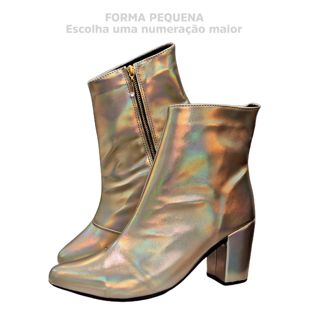 Bota Feminina Holográfico Metalizada Conforto Cano Curto com Zíper Salto Médio Ref. 20/155