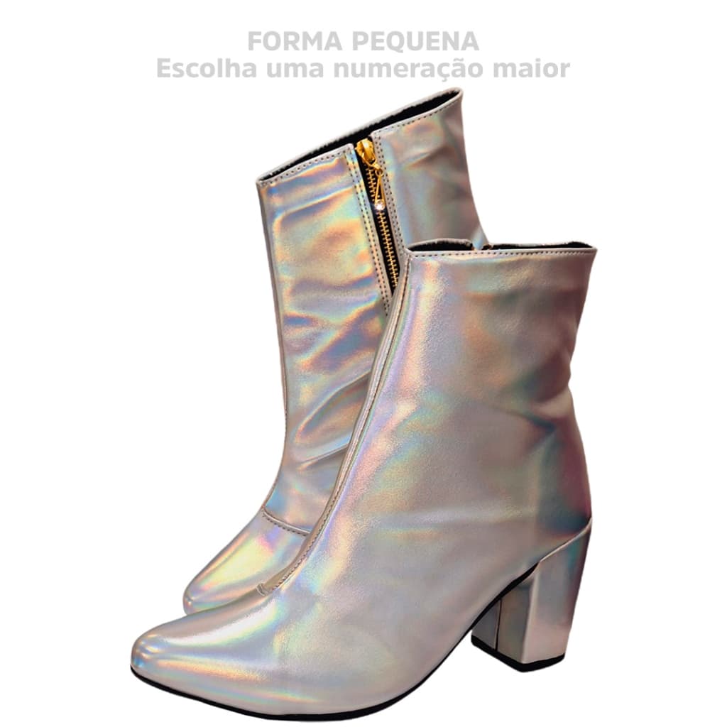 Bota Feminina Holográfico Metalizada Conforto Cano Curto com Zíper Ref. 20/155