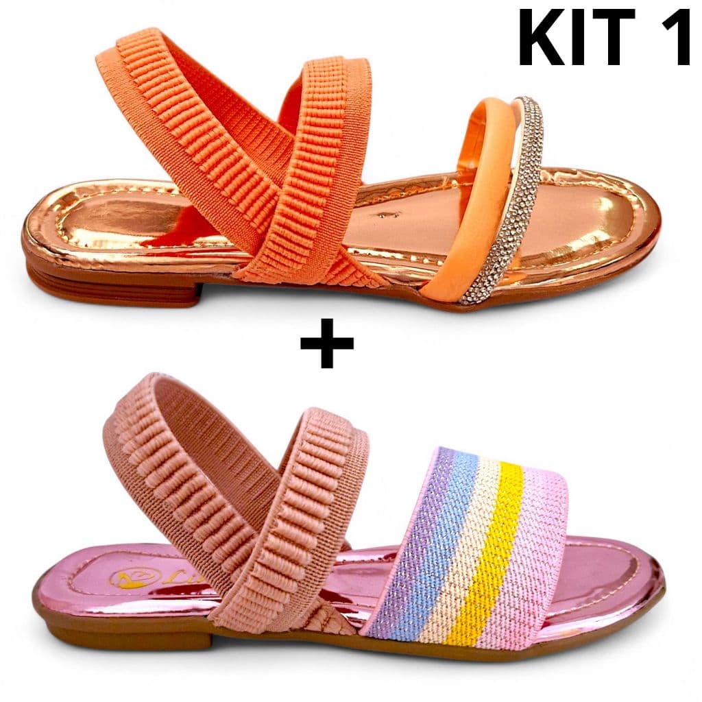 KIT 2 Pares Sandália Feminina Infantil Juvenil Traseiro Calce Fácil Confortável de Strass + Elástico