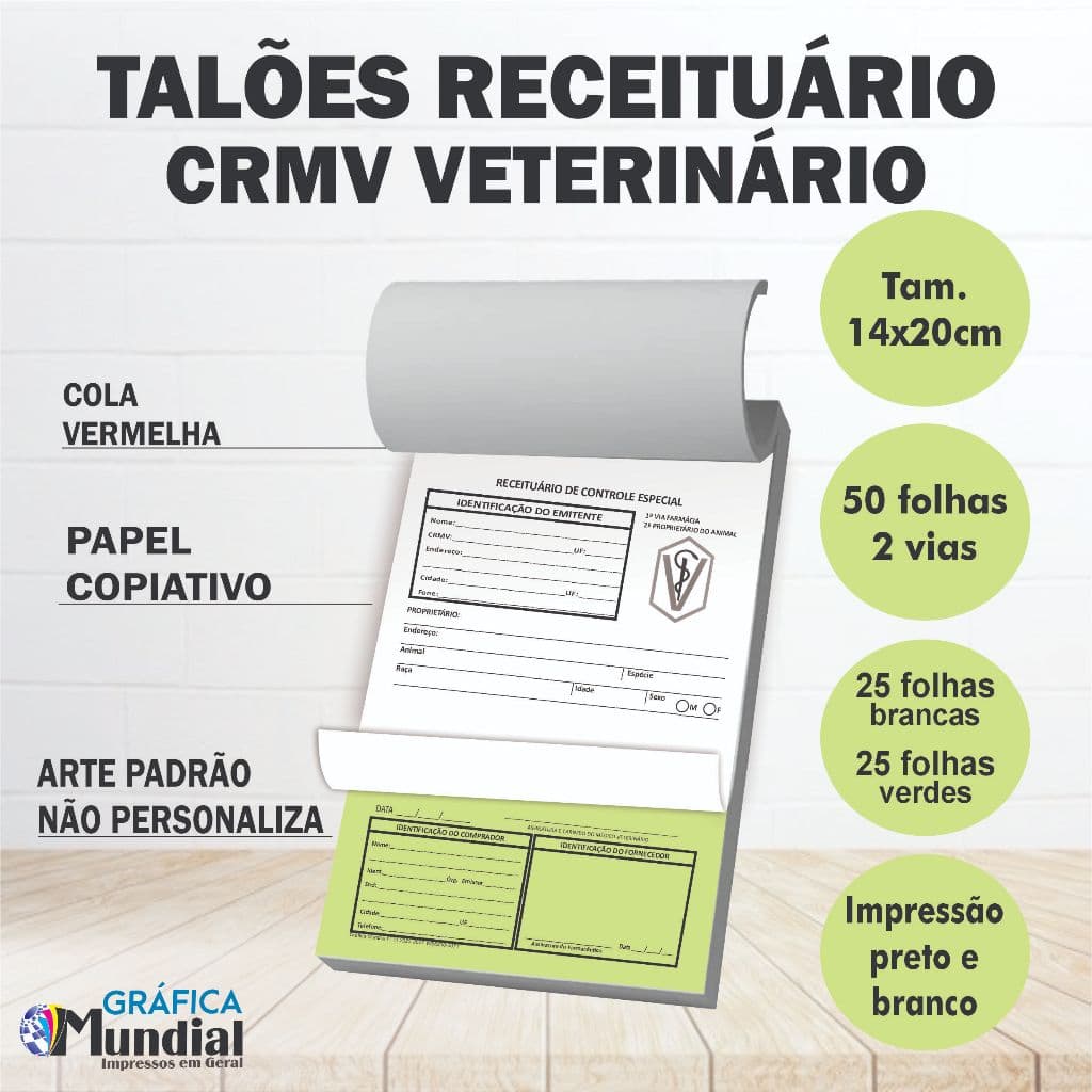 5 Receituário CRMV Veterinário 50folhas Clínica Médico Controle Especial 2vias Copiativo Padrão14x20