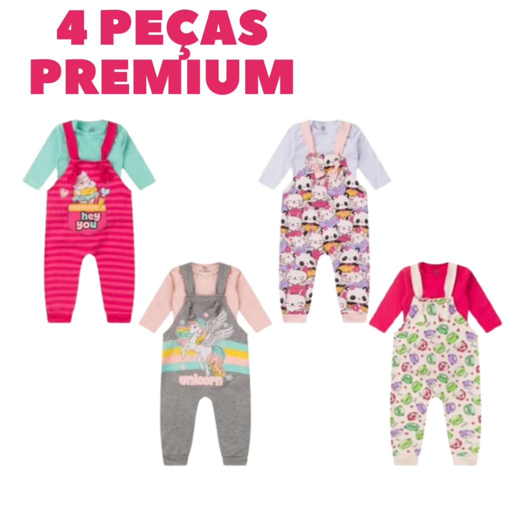 Kit Jardineira Menina Manga Longa  4 Peças Sortidas - Inverno- Body/Jardineira Tamanho P/M/G e 1 Ao 3