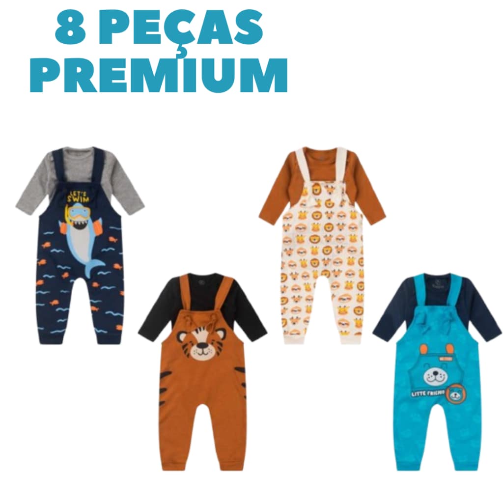 Kit Conjunto Jardineira Bebê Manga Longa Menino 8 Peças Sortidas - Inverno- Body/Jardineira Tamanho P/M/G e 1 Ao 3