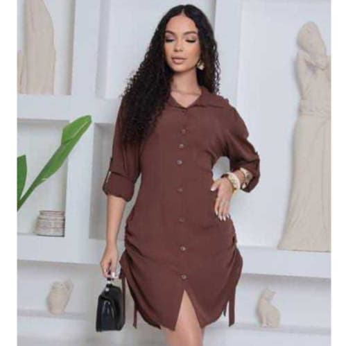 Vestido Chemise Xadrez Feminino Manga Longa com Botões Casual Elegante Blogueira Moda