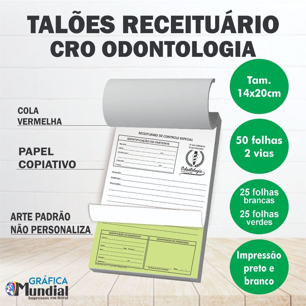 10 Receituário CRO Odontológico 50folhas Clinica Médico Controle Especial 2vias Copiativo Padrão14x20