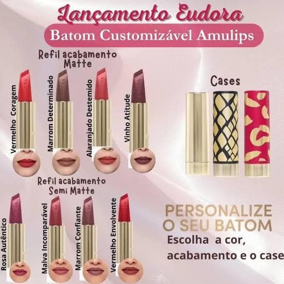 Combo Batom Amulips Refil e Case Sortida Eudora Glam