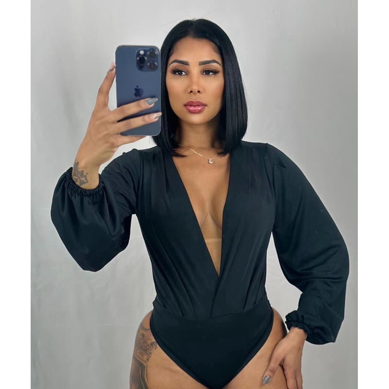 Body Feminino Manga Longa Bufante Transpassado Decotado Gola V Moda Blogueira Premium
