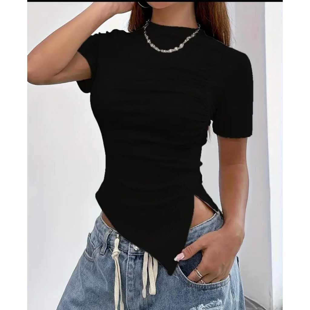Camisita de manga curta Assimetrica na Cintura de cor Solido ,Adquira para o  Verao