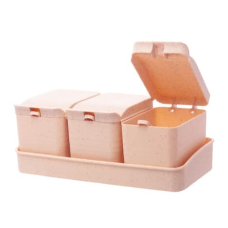 Conjunto 3 Porta Tempero de Bambu E PP com Colher e Bandeja Lines Rosa